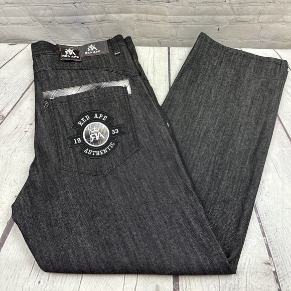 NWT Red Ape Jeans Mens 38 x 33 Black Denim Embroidered Heavyweight‎ Hip Hop 90s - Picture 1 of 11